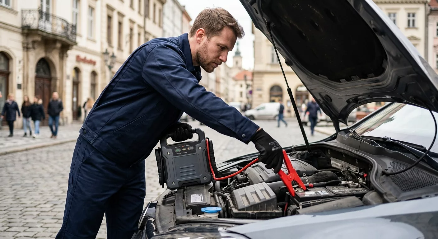 Technicien en combinaison bleue utilisant un booster de batterie pour dépanner une voiture à Ixelles
