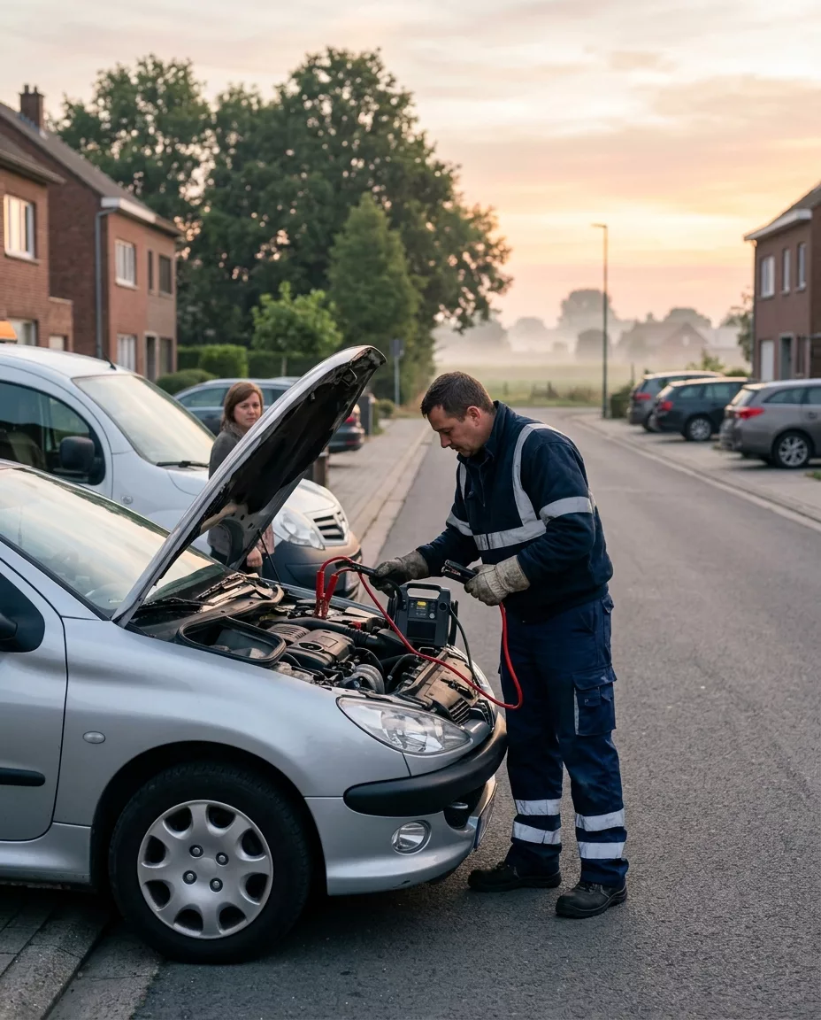 technicien-en-depannage-automobile-4ilc Technicien en dépannage automobile raccordant des câbles de démarrage sur une voiture à Linkebeek