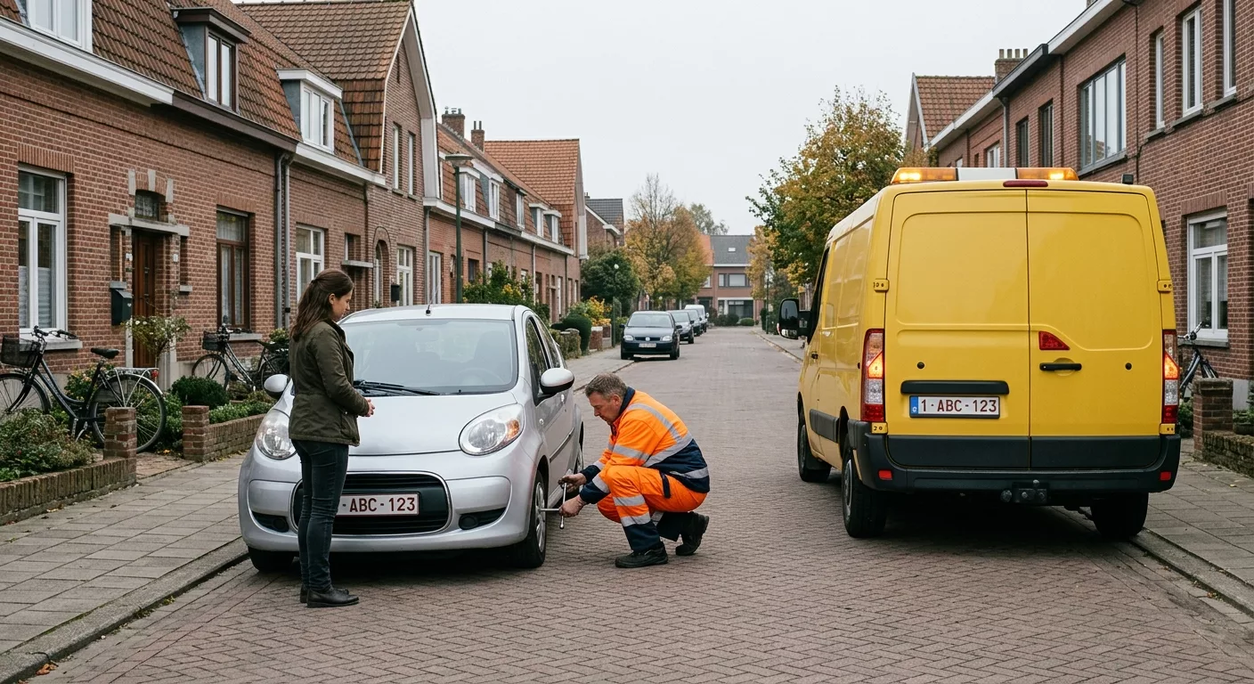 Technicien en dépannage changeant un pneu sur une voiture à Berchem-Sainte-Agathe