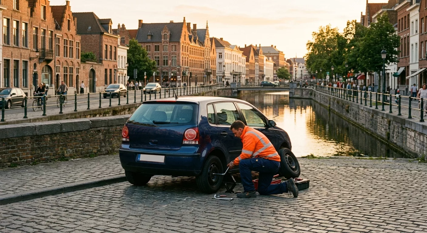 Technicien en dépannage voiture sur pavés à Molenbeek-Saint-Jean au coucher du soleil