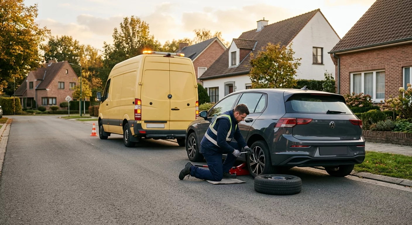 Technicien en gilet change un pneu sur VW Golf à Woluwe-Saint-Lambert avec van de dépannage