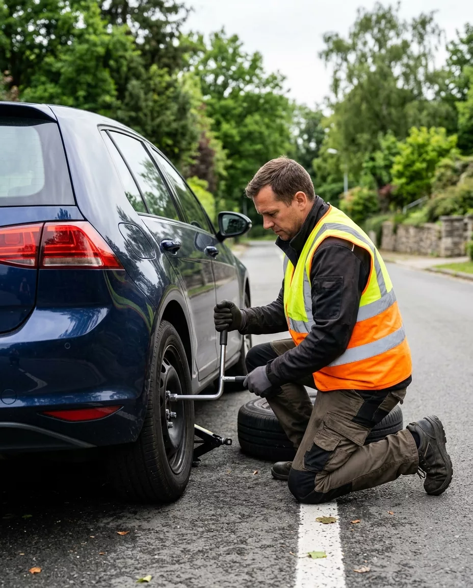 Technicien en gilet haute visibilité changeant un pneu crevé sur voiture bleue à Kraainem