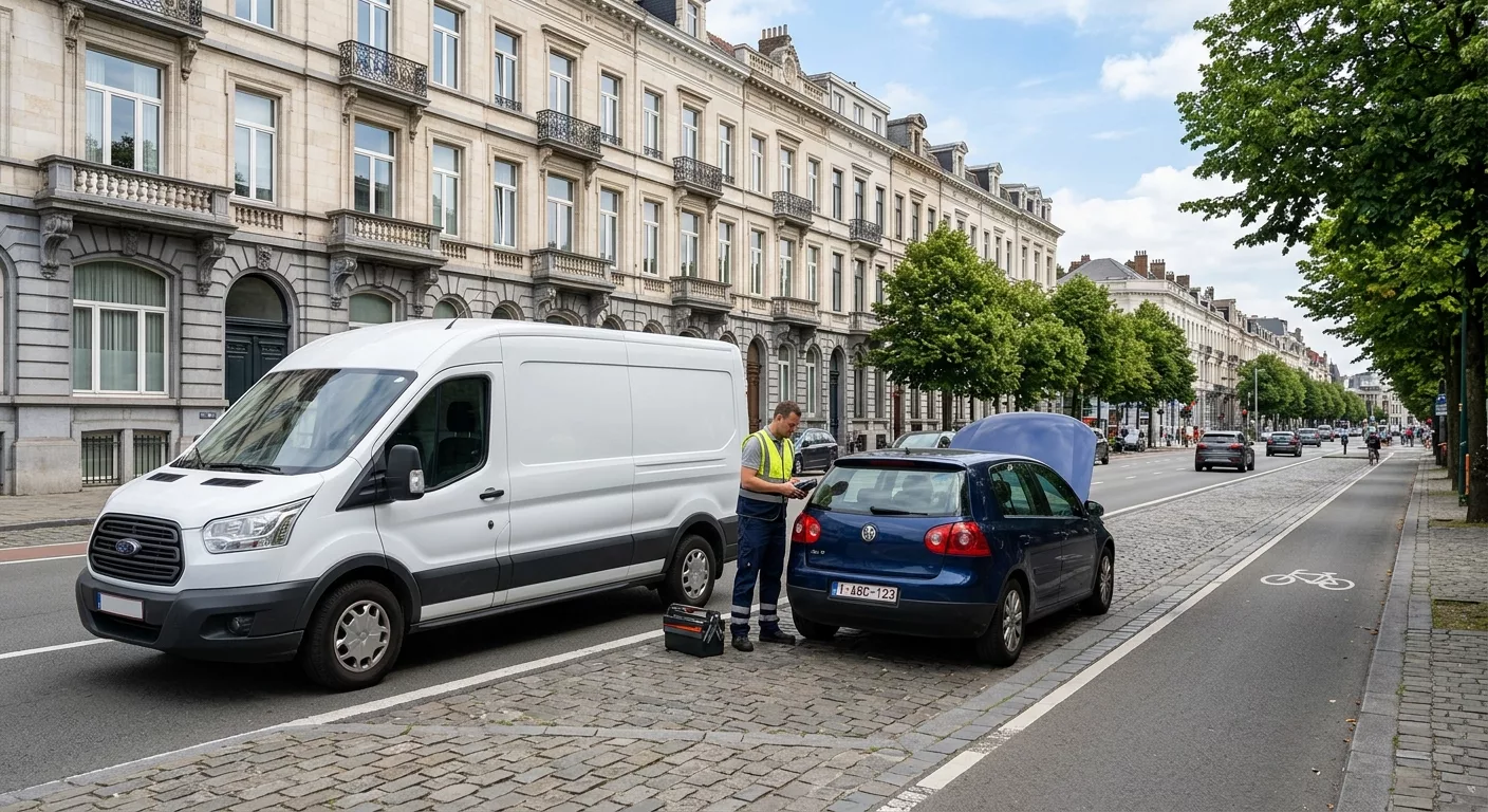 Technicien en gilet jaune dépanne une VW Golf bleue en panne dans une rue de Bruxelles