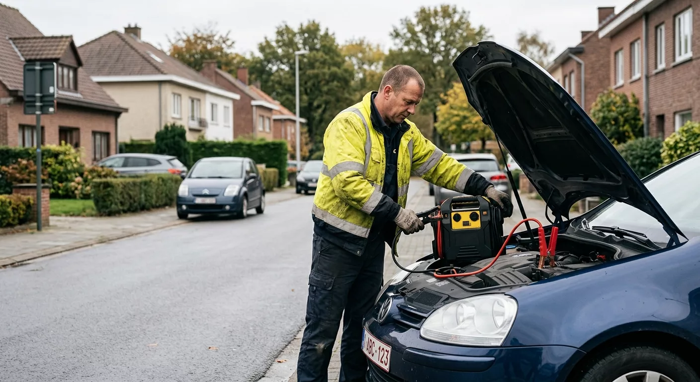 Technicien en gilet jaune effectuant un dépannage batterie voiture à Wemmel