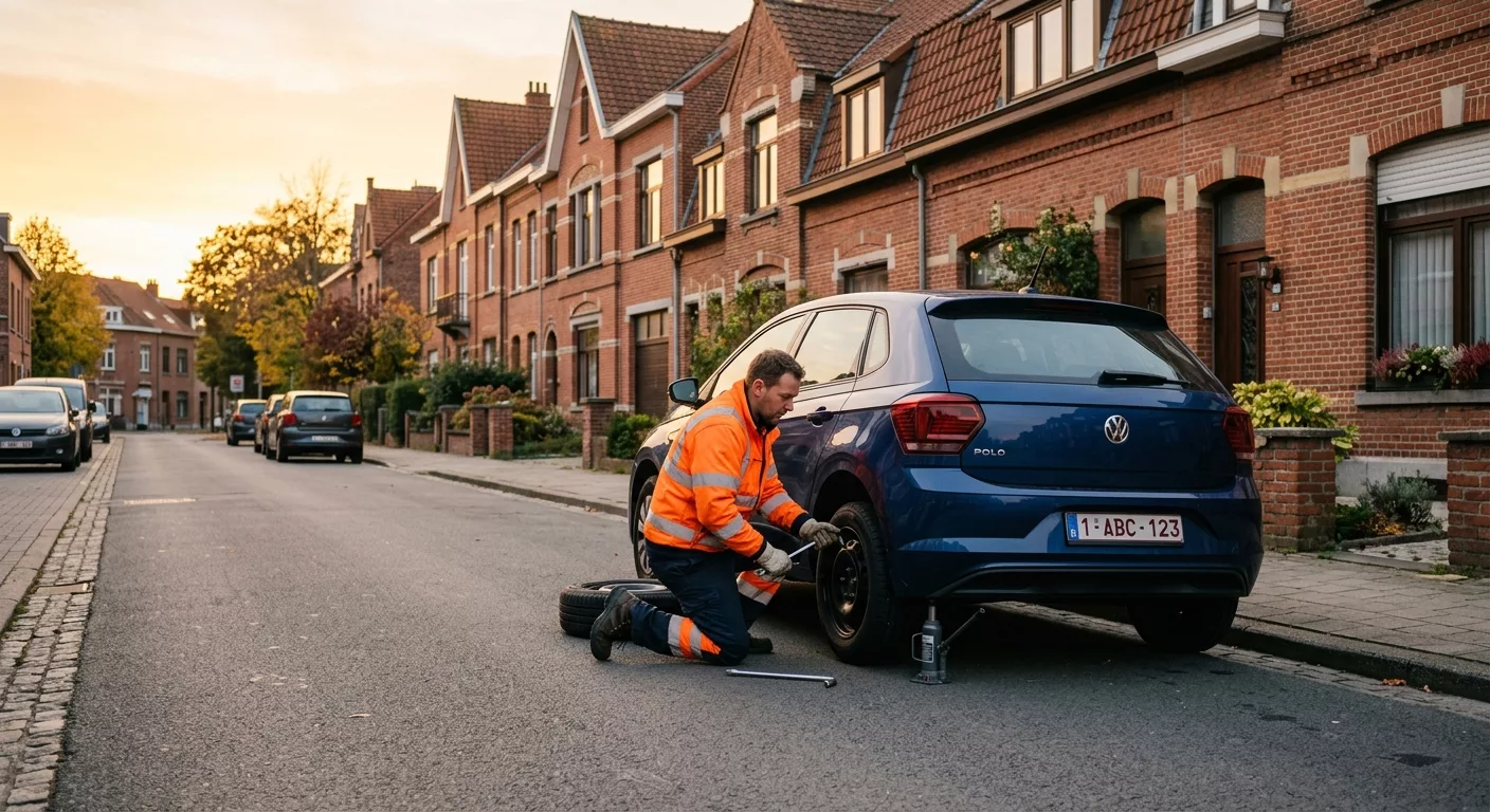 Technicien en gilet orange changeant un pneu sur une VW Polo bleue dans une rue résidentielle