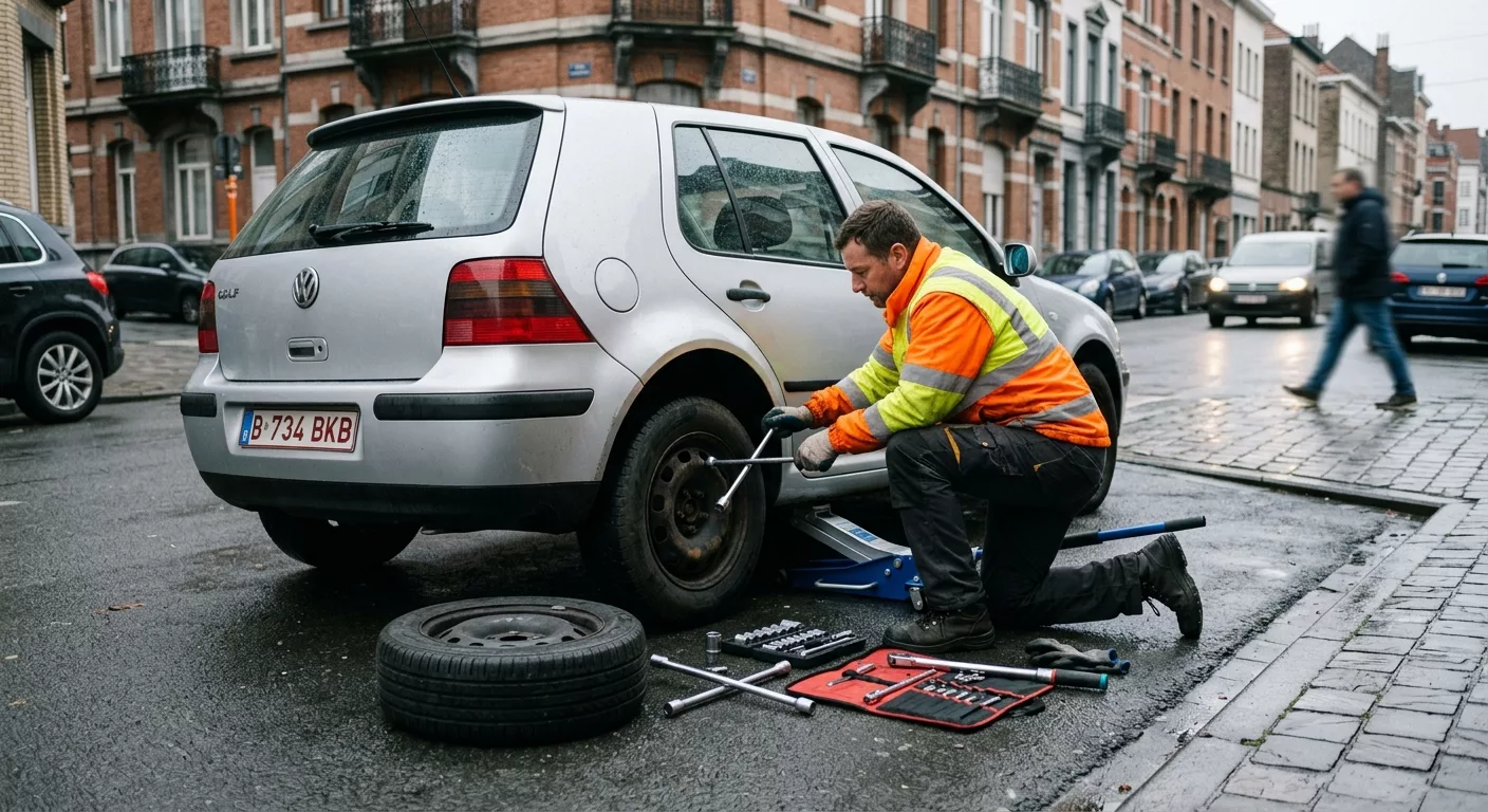 Technicien en gilet orange changeant un pneu sur une Volkswagen Golf à Schaerbeek
