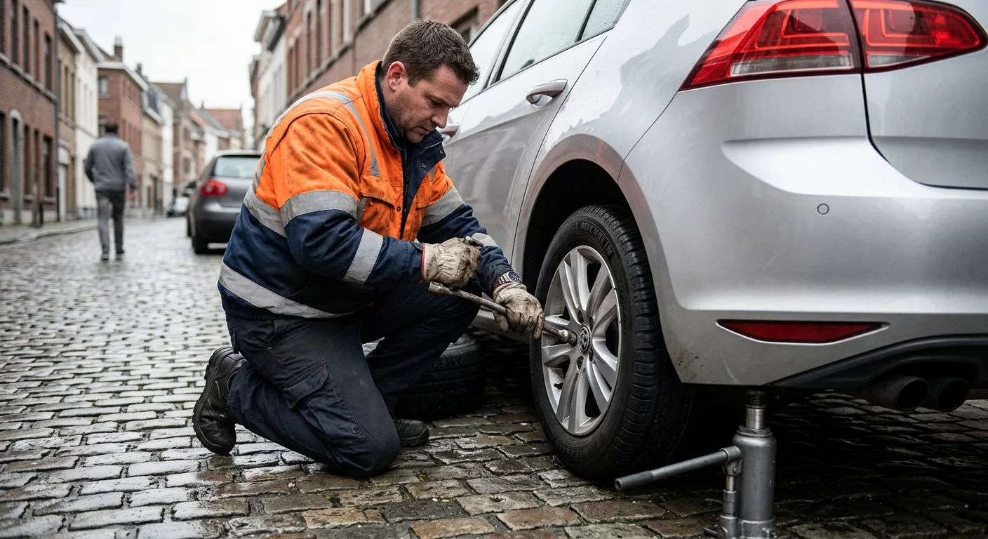 Technicien en gilet orange changeant un pneu de voiture à Koekelberg