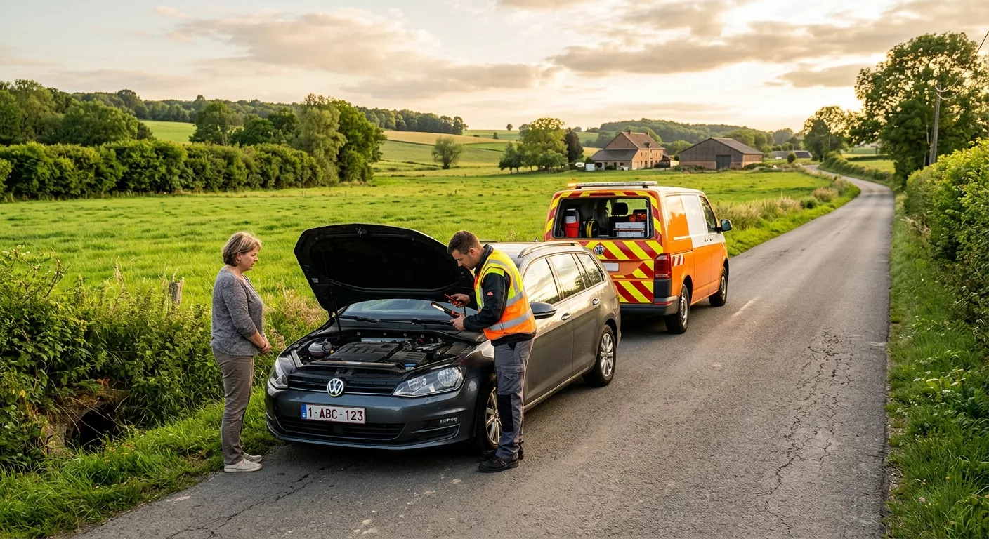 technicien-en-gilet-orange-depanne-une-cii6 Technicien en gilet orange dépanne une Volkswagen Golf sur route rurale à Dilbeek