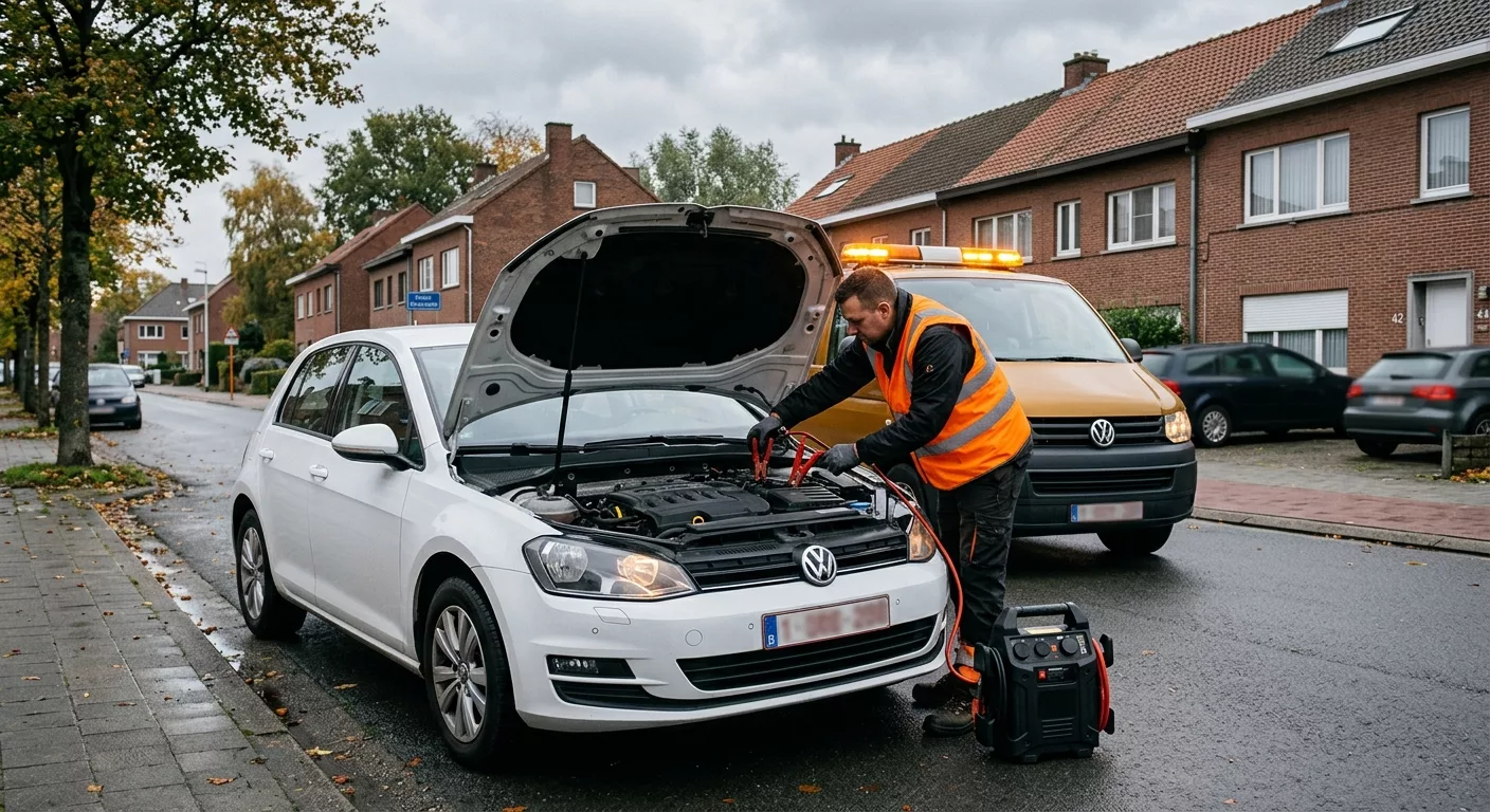 Technicien en gilet orange effectuant un dépannage batterie sur une Volkswagen blanche à Ganshoren