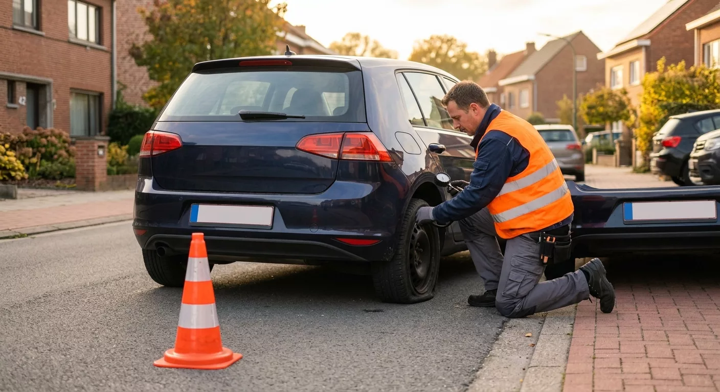 Technicien en gilet orange répare un pneu crevé sur une voiture bleue à Ganshoren