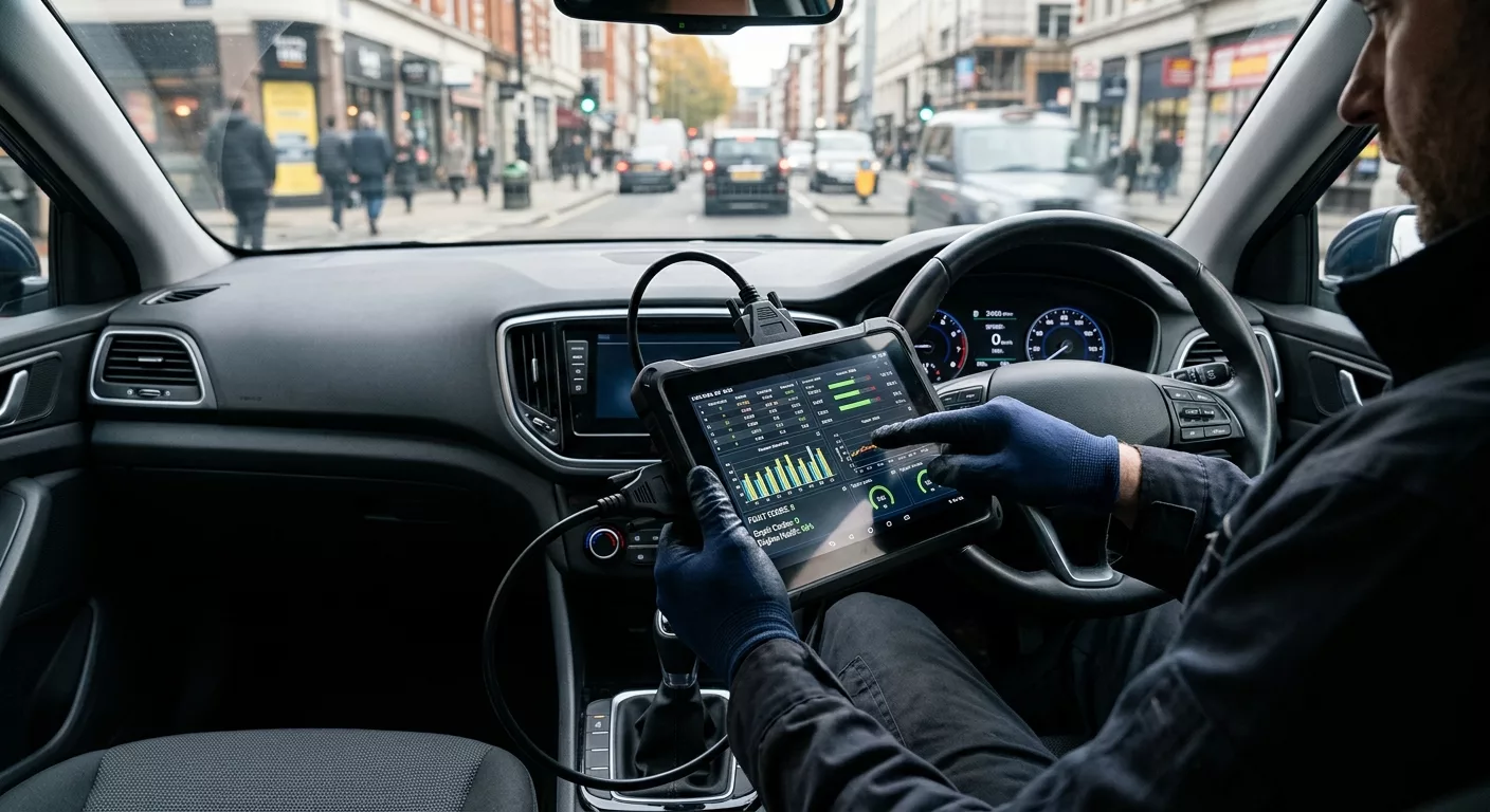 Technicien utilisant un outil de diagnostic OBD dans une voiture à Saint-Josse