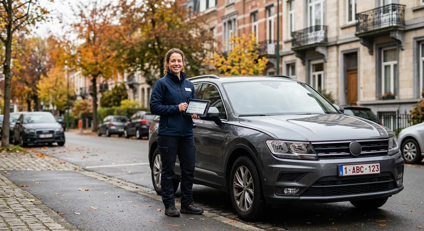 Technicienne de dépannage automobile avec tablette devant un SUV Volkswagen à Schaerbeek