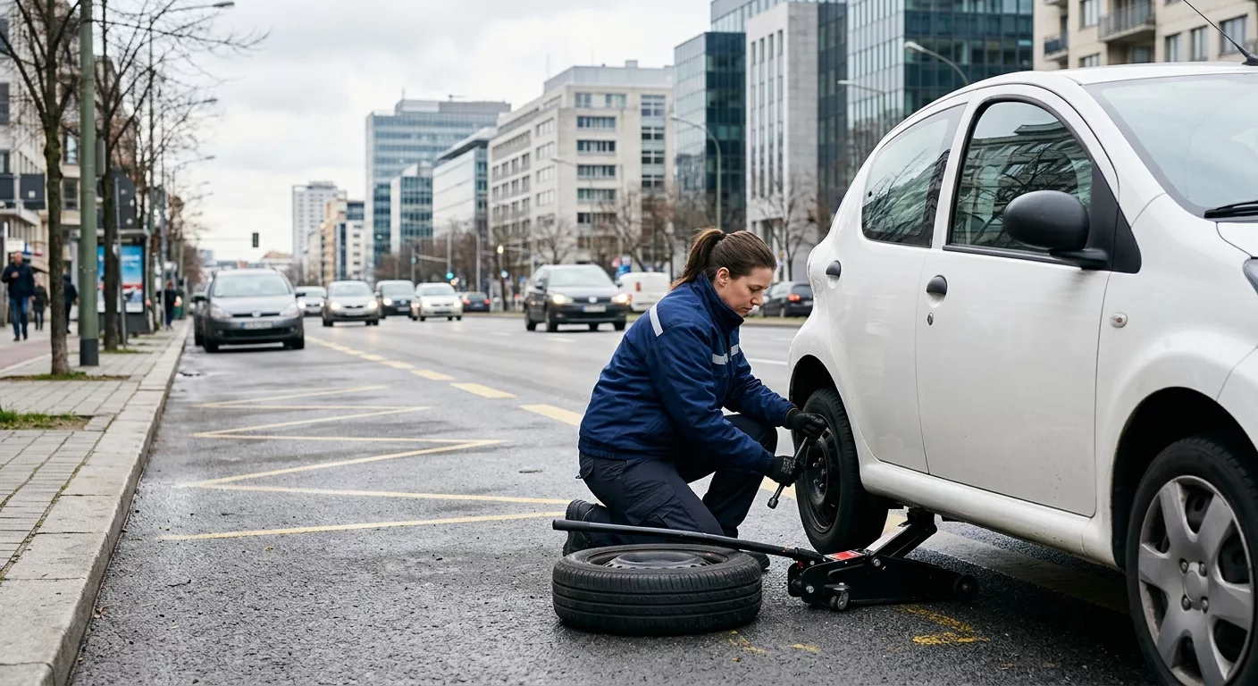 Technicienne en combinaison bleue changeant un pneu crevé sur une voiture blanche en ville