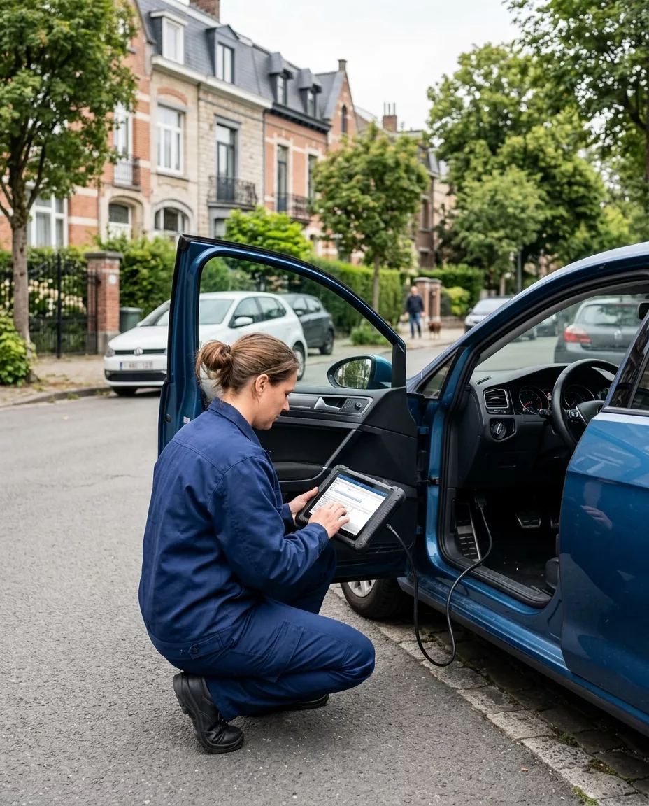 technicienne-en-combinaison-bleue-jt3e Technicienne en combinaison bleue diagnostique une voiture avec tablette à Haren