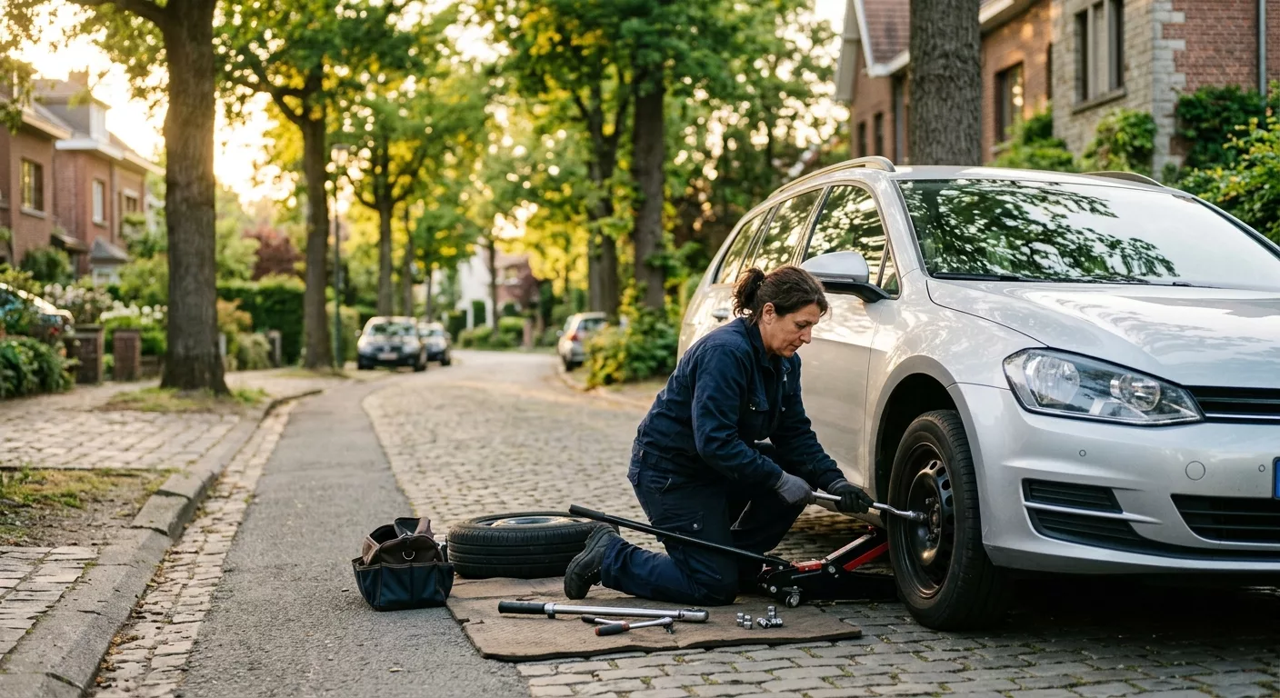 Technicienne en combinaison changeant un pneu crevé sur une voiture blanche à Watermael-Boitsfort
