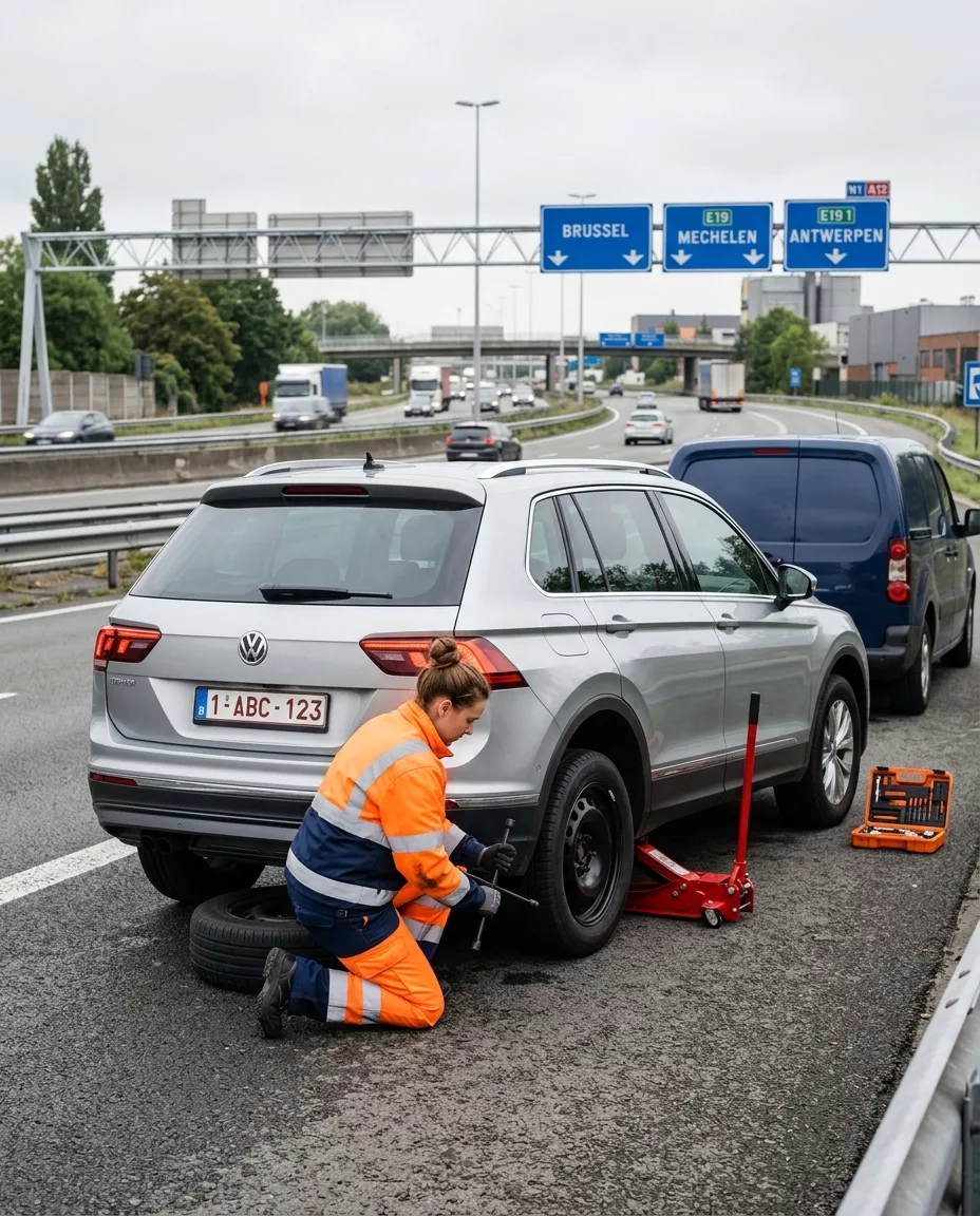 technicienne-en-gilet-orange-change-un-pneu-15b5 Technicienne en gilet orange change un pneu sur autoroute près de Bruxelles