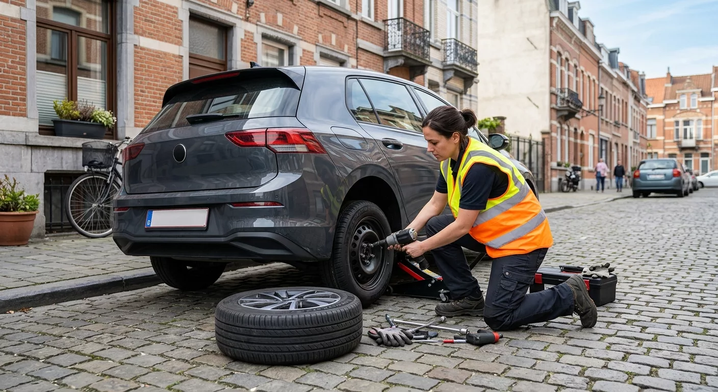 Technicienne en gilet orange changeant un pneu sur une voiture grise à Saint-Gilles
