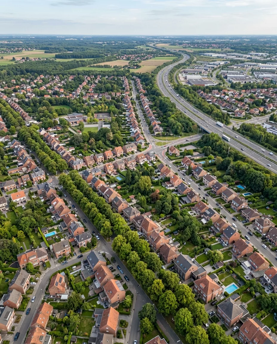 Vue aérienne des routes de Wezembeek-Oppem, zone de dépannage voiture.