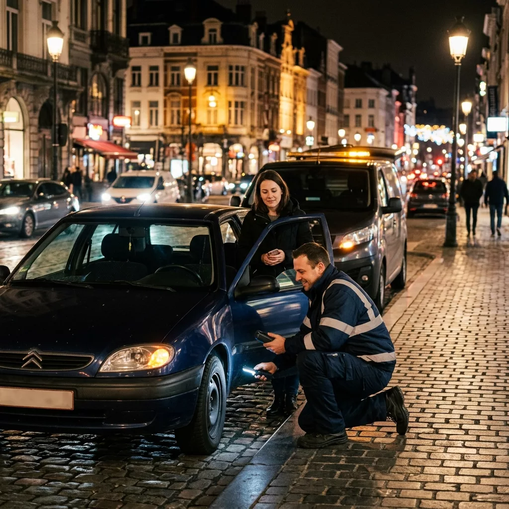 depannage-auto-de-nuit-a-bruxelles-un-zu3s Dépannage auto de nuit à Bruxelles : un mécanicien aide une conductrice en panne.