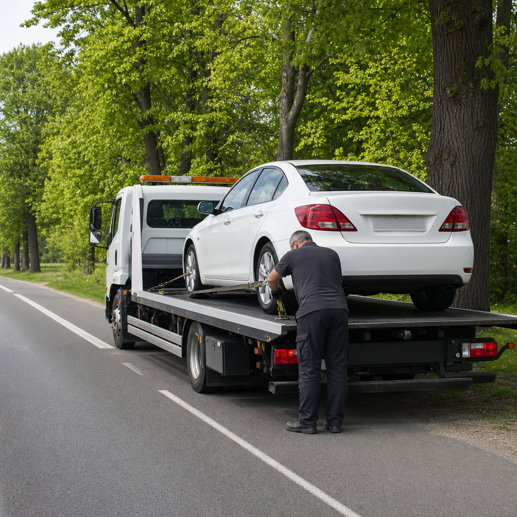 un-depanneur-attache-une-voiture-blanche-sur-l1tj Un dépanneur attache une voiture blanche sur une dépanneuse lors d