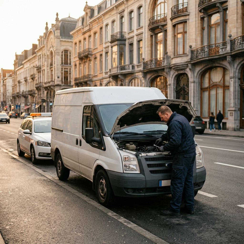 depannage-camionnette-bruxelles-avec-un-3mj6 Dépannage Camionnette Bruxelles avec un mécanicien inspectant le moteur en pleine rue.
