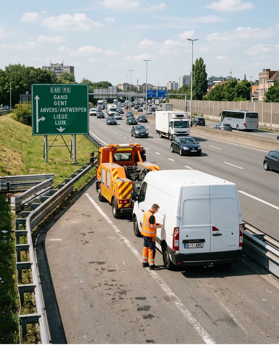 depannage-camionnette-bruxelles-par-une-cp3h Dépannage camionnette Bruxelles par une dépanneuse sur le bord de l autoroute.