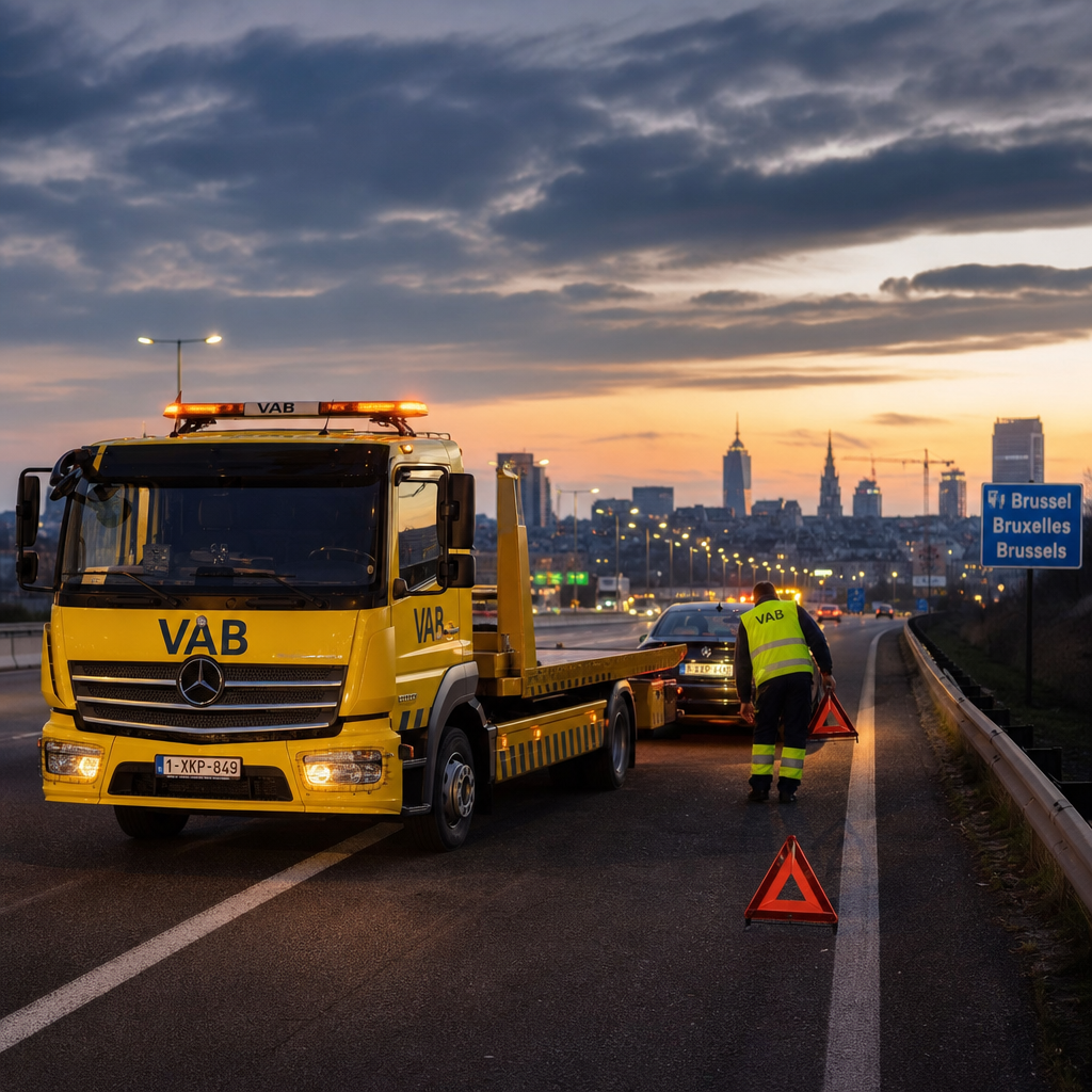 depannage-sur-autoroute-bruxelles-avec-une-p5r5 Dépannage sur autoroute Bruxelles avec une dépanneuse jaune et un agent plaçant un triangle.