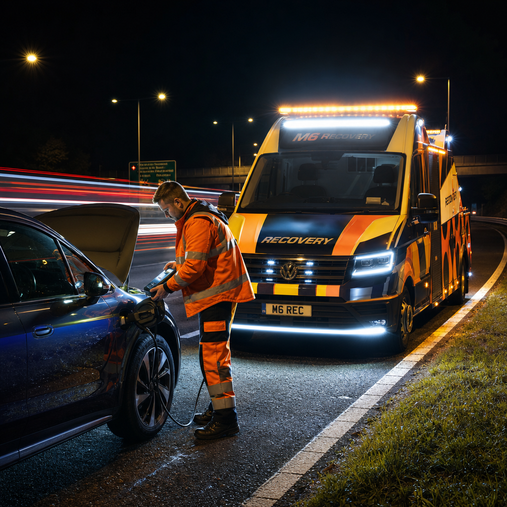 depannage-sur-autoroute-bruxelles-un-fdsl Dépannage sur autoroute Bruxelles : un technicien recharge une voiture électrique la nuit.