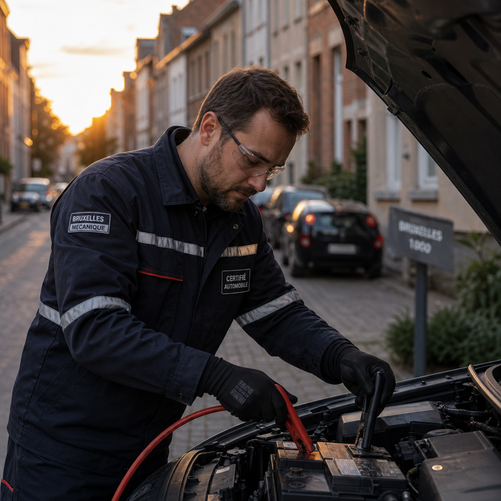 depannage-voiture-alentours-de-bruxelles-eh3g Dépannage voiture alentours de Bruxelles : mécanicien branchant une batterie.
