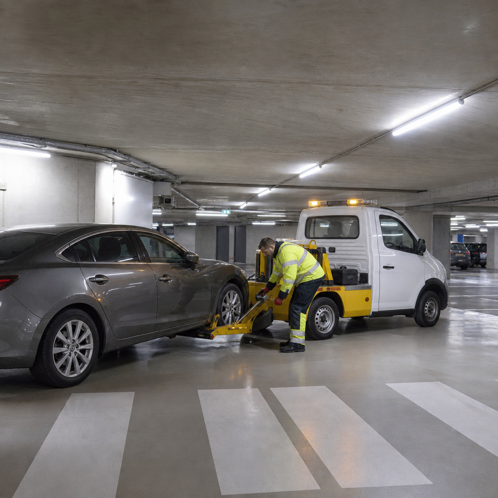 depannage-voiture-bruxelles-remorquage-dune-lpci Dépannage voiture Bruxelles : remorquage d une berline en parking souterrain.