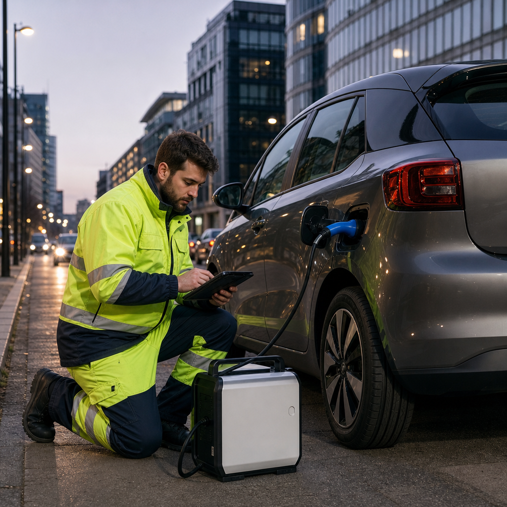 depannage-voiture-de-societe-a-bruxelles-ifkg Dépannage voiture de société à Bruxelles : technicien rechargeant un véhicule électrique.