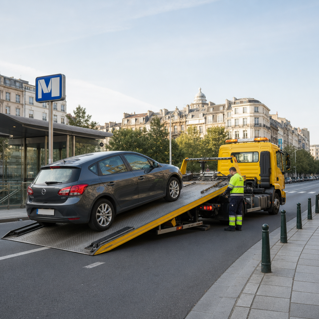depanneuse-jaune-des-services-de-depannages-7z4a Dépanneuse jaune des services de dépannages chargeant une voiture grise en rue