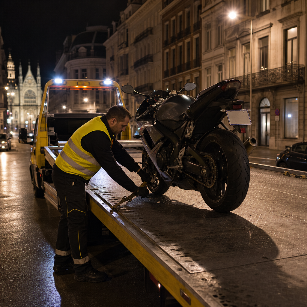 intervention-de-depannage-moto-a-bruxelles-7jrn Intervention de dépannage moto à Bruxelles : un professionnel sécurise le deux-roues.