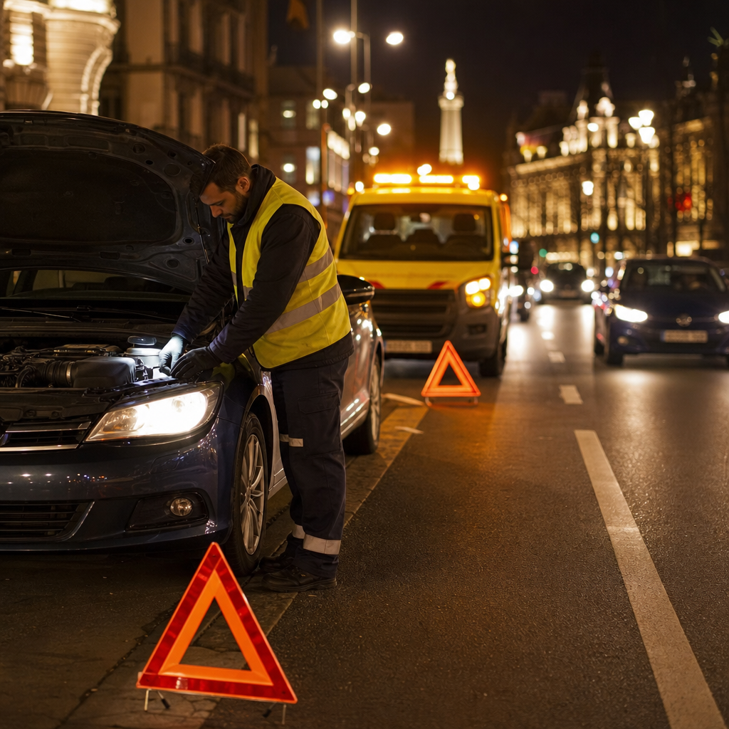 intervention-des-services-de-depannages-sur-hp0m Intervention des services de dépannages sur une voiture en panne en ville la nuit.