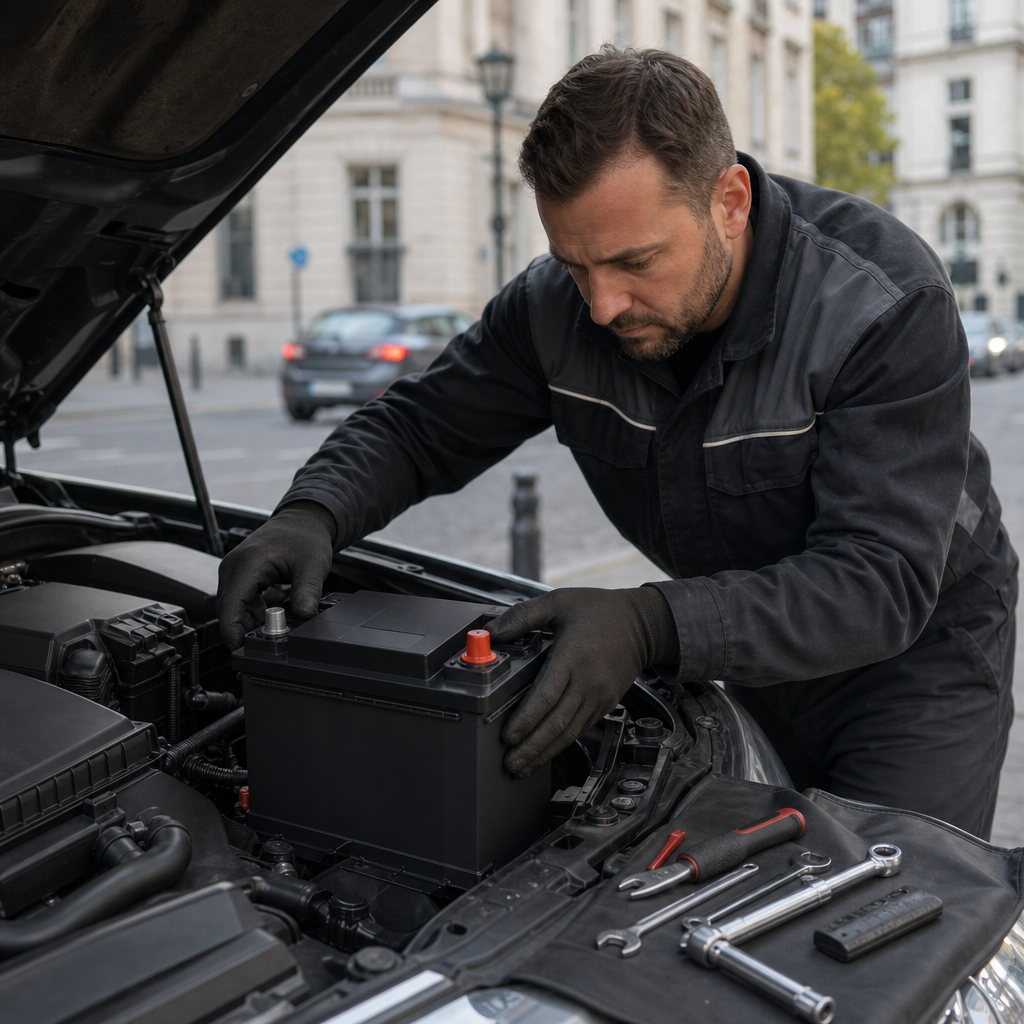 mecanicien-professionnel-realisant-un-do6a Mécanicien professionnel réalisant un changement batterie voiture à Bruxelles en pleine rue.