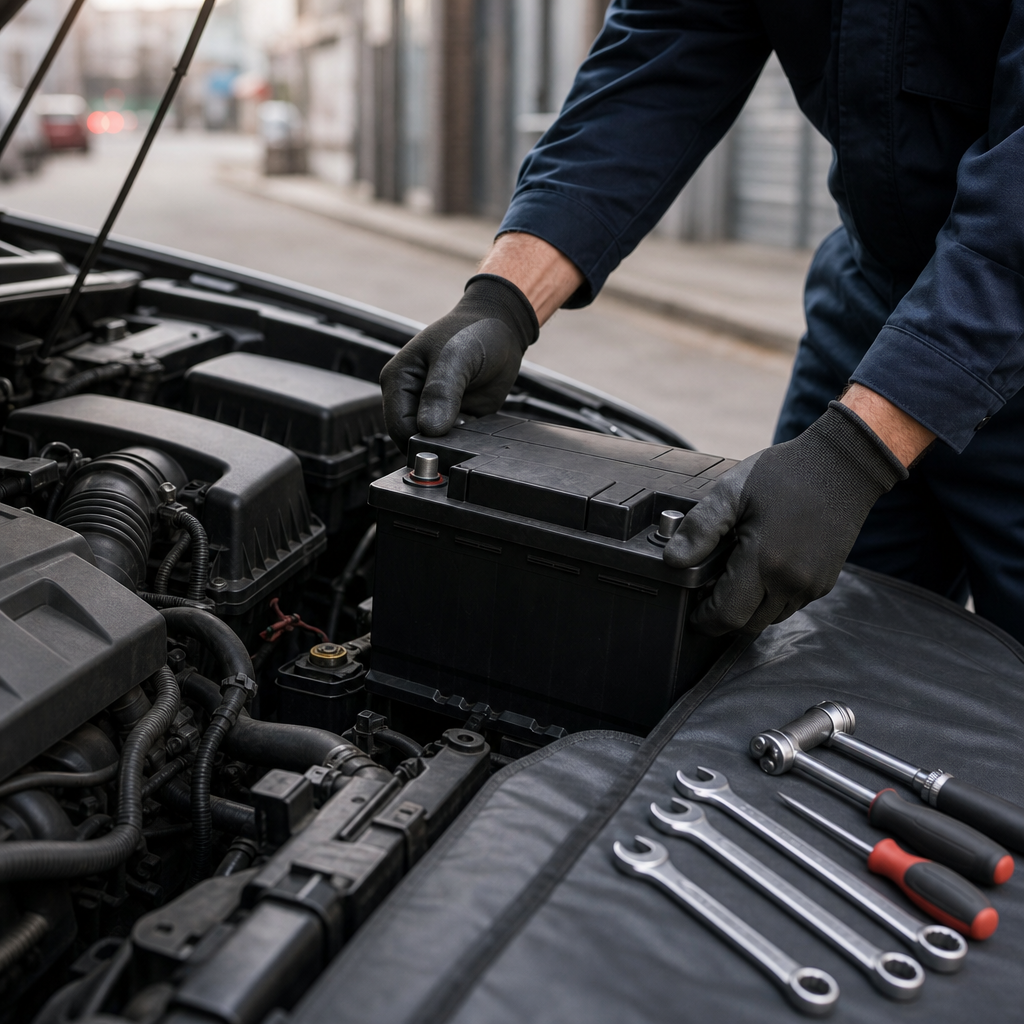mecanicien-remplacant-une-batterie-de-ujno Mécanicien remplaçant une batterie de voiture lors de services de dépannages.