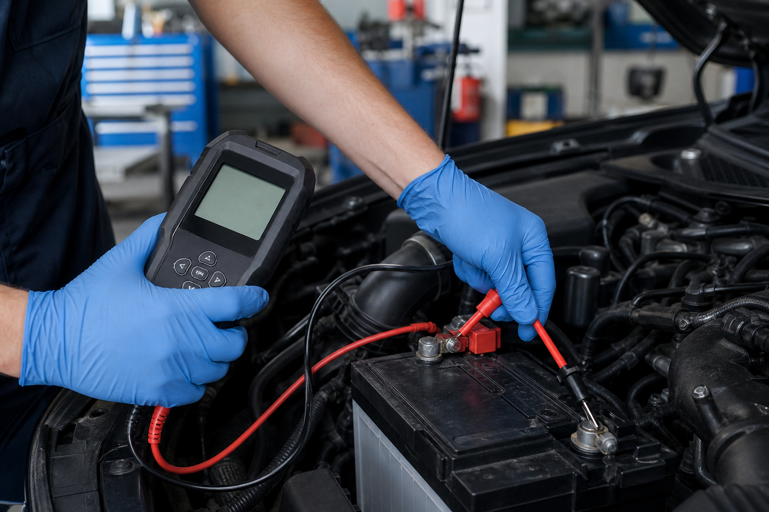 mecanicien-testant-une-batterie-lors-dun-p38p Mécanicien testant une batterie lors d