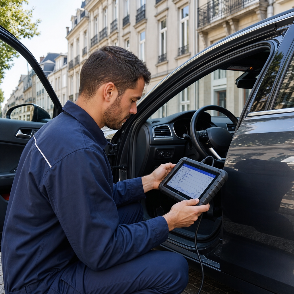 mecanicien-utilisant-un-outil-de-diagnostic-ig04 Mécanicien utilisant un outil de diagnostic sur une voiture lors de services de dépannages