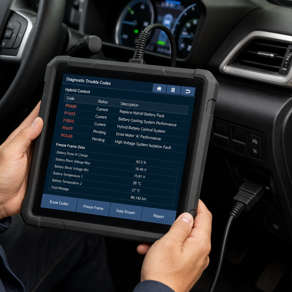 mecanicien-utilisant-une-tablette-de-5l0g Mécanicien utilisant une tablette de diagnostic pour un dépannage voiture hybride à Bruxelles.