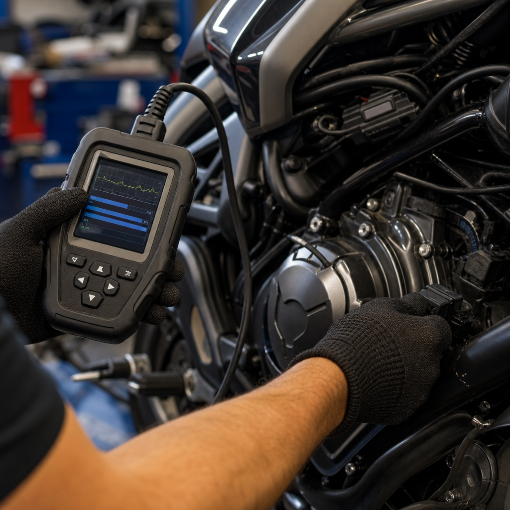 mecanicien-utilisant-une-valise-de-h8o2 Mécanicien utilisant une valise de diagnostic pour un dépannage moto à Bruxelles.