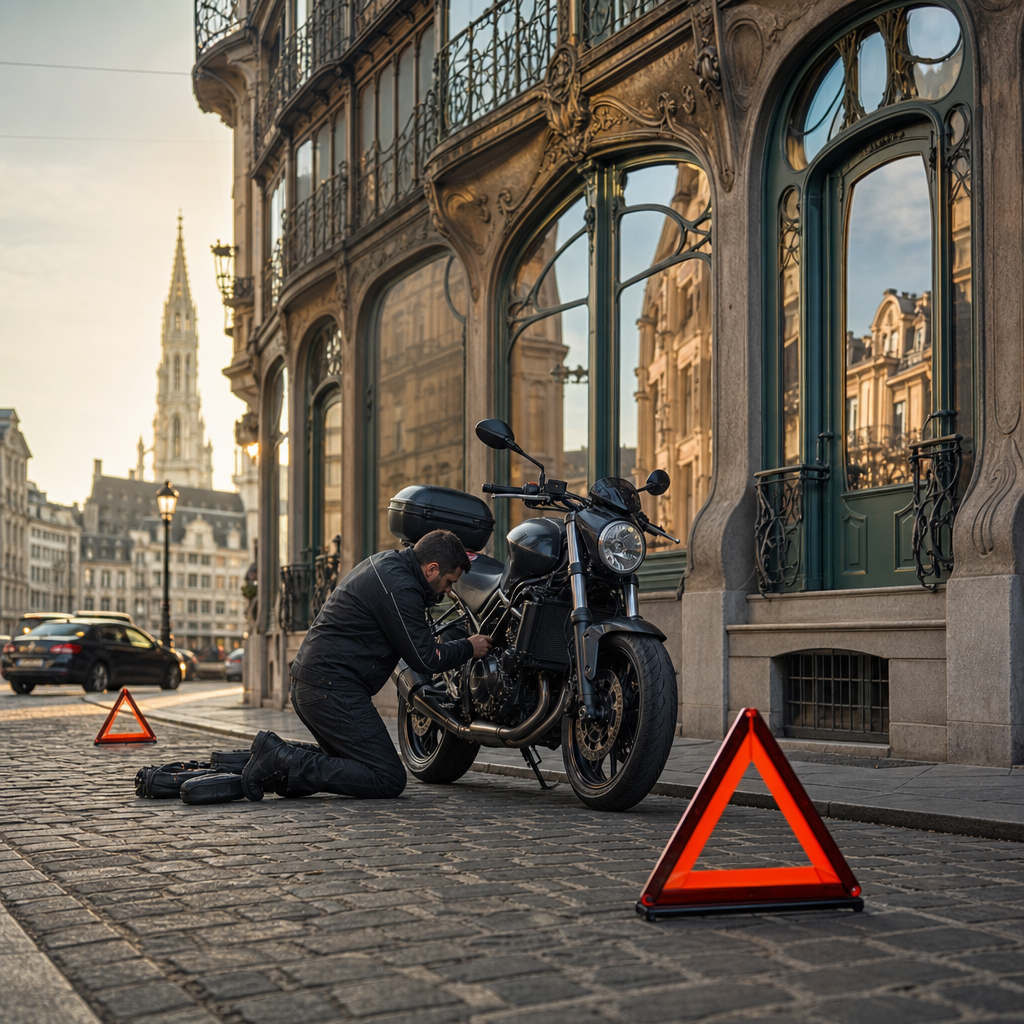 motard-en-plein-depannage-moto-a-bruxelles-hr5h Motard en plein dépannage moto à Bruxelles sur une rue pavée avec triangle de sécurité.