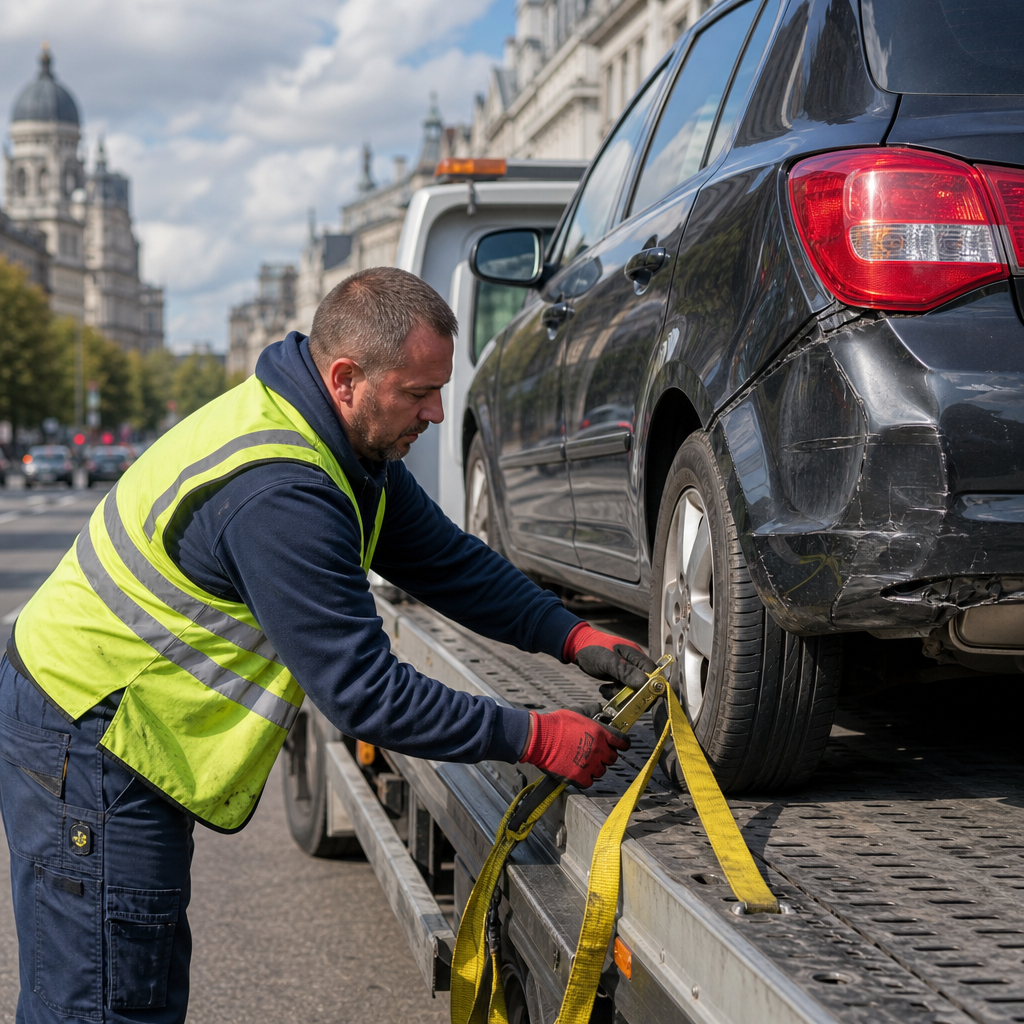operation-de-remorquage-voiture-accidentee-ah0u Opération de remorquage voiture accidentée sur un camion plateau en ville.