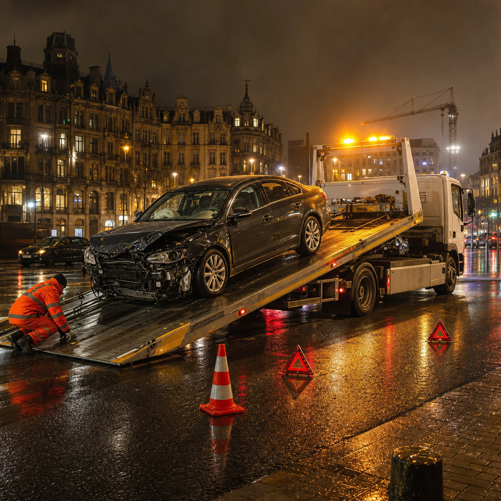 remorquage-voiture-accidentee-sur-un-camion-y65u Remorquage voiture accidentée sur un camion plateau de nuit en ville.