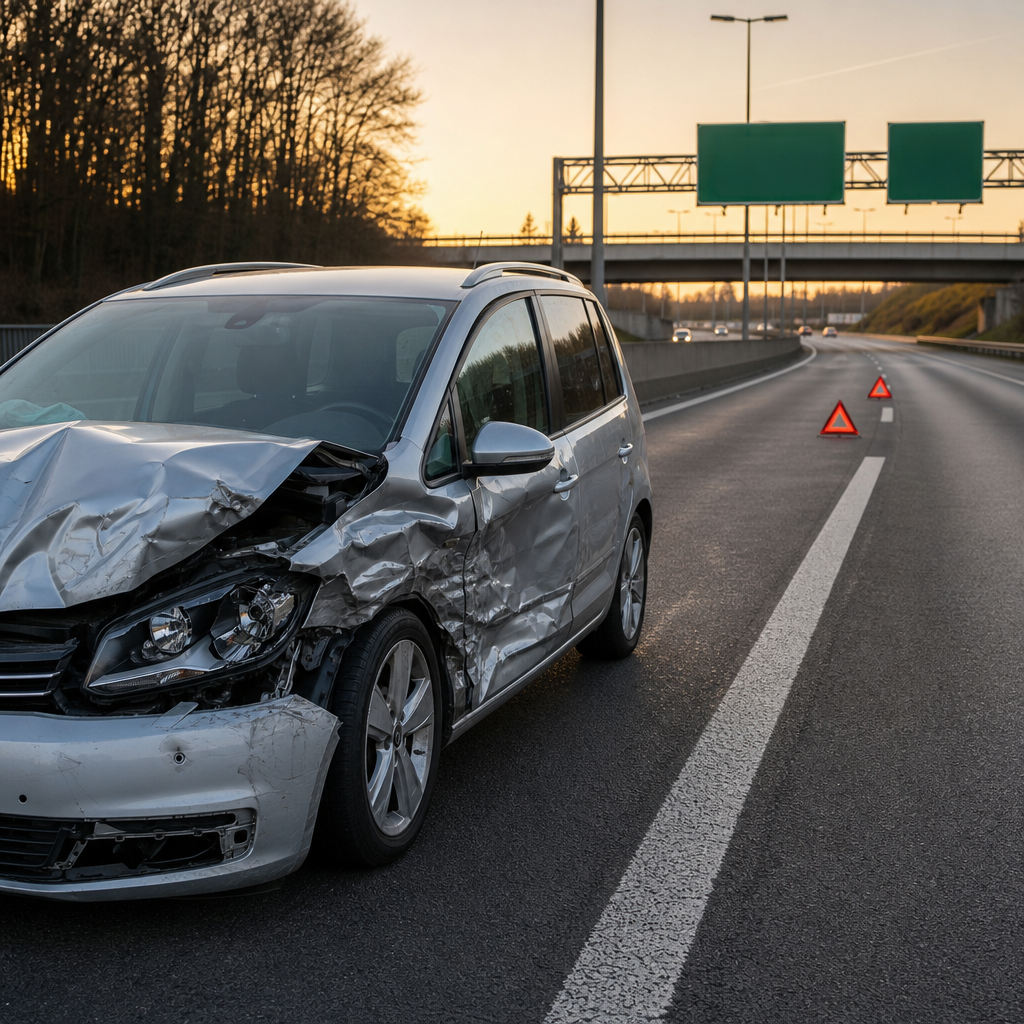 voiture-grise-accidentee-sur-lautoroute-en-53wv Voiture grise accidentée sur l autoroute en attente de remorquage
