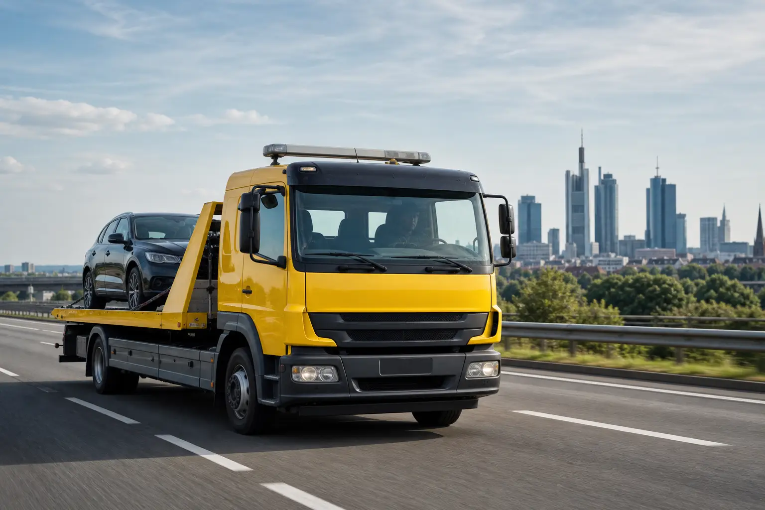 camion-de-remorquage-jaune-transportant-une-0uqc Camion de remorquage jaune transportant une voiture noire sur une autoroute