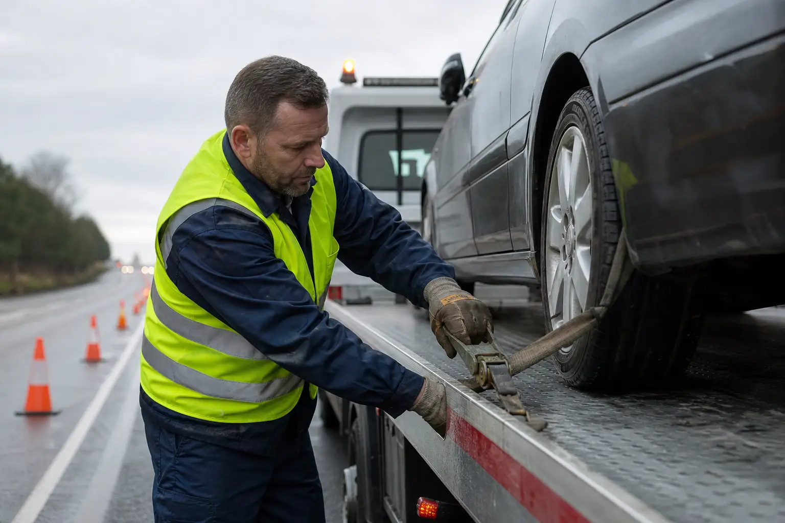 depanneur-securisant-une-voiture-en-panne-48fm Dépanneur sécurisant une voiture en panne sur un camion plateau lors d une sortie de fourrière.