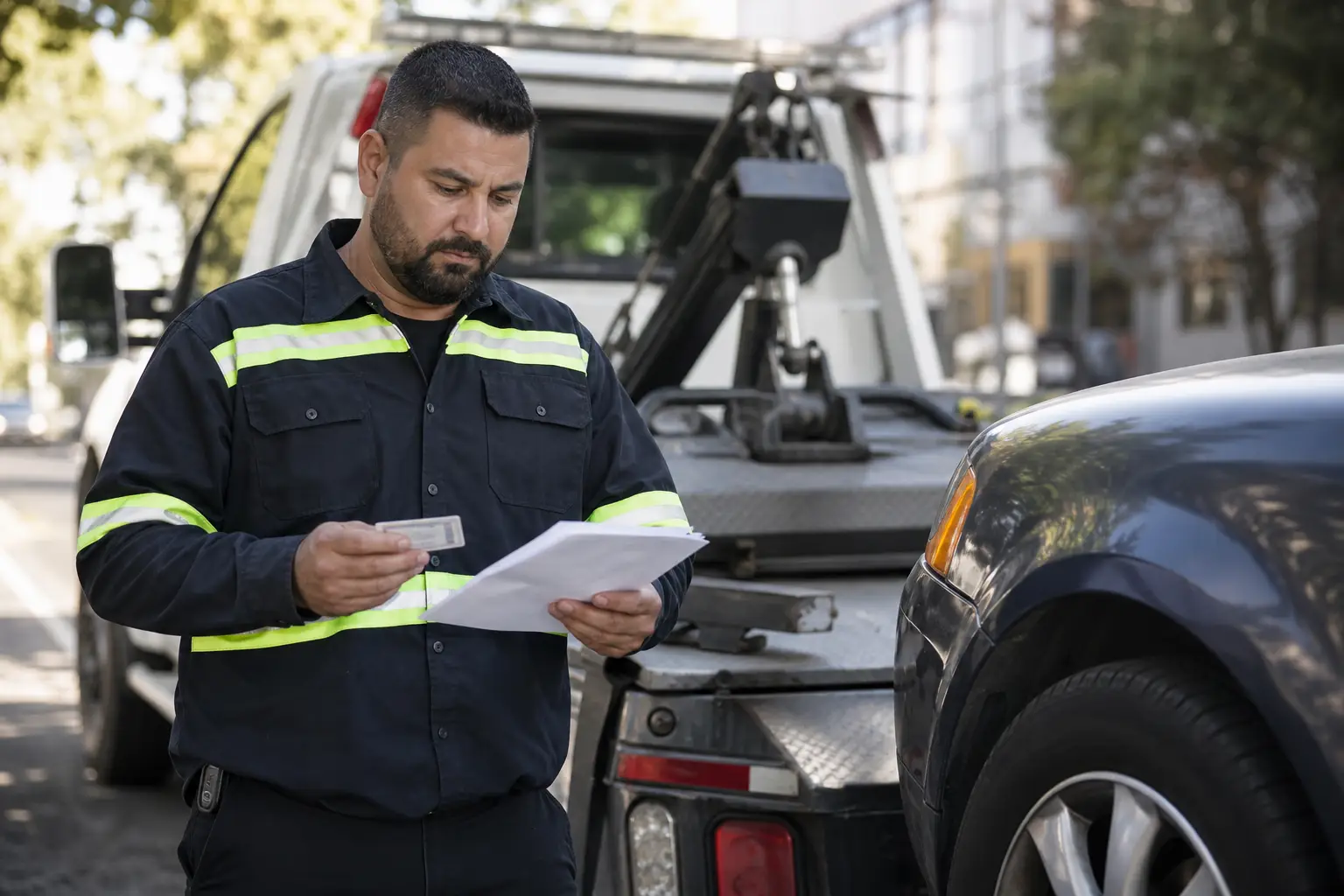 depanneur-verifiant-des-documents-lors-dune-kraq Dépanneur vérifiant des documents lors d une sortie de fourrière pour voiture en panne