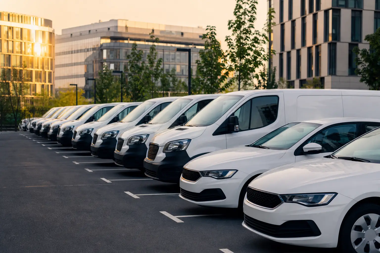 flotte-de-vehicules-utilitaires-et-voitures-reht Flotte de véhicules utilitaires et voitures blanches garés sur un parking d entreprise.