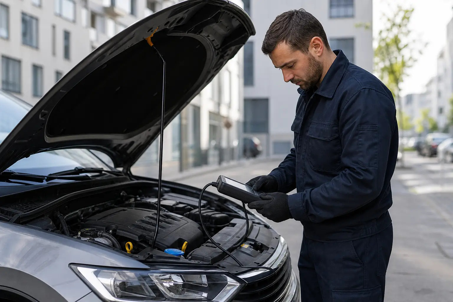 mecanicien-effectuant-un-depannage-flotte-6hcs Mécanicien effectuant un dépannage flotte automobile bruxelles avec valise diagnostic.